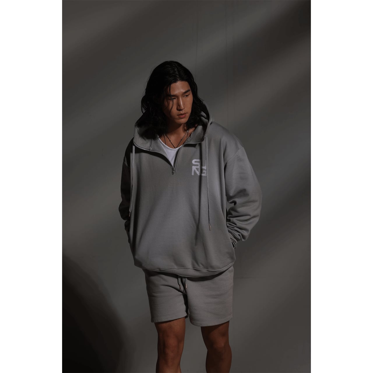 Large rubber logo half zip hoodie