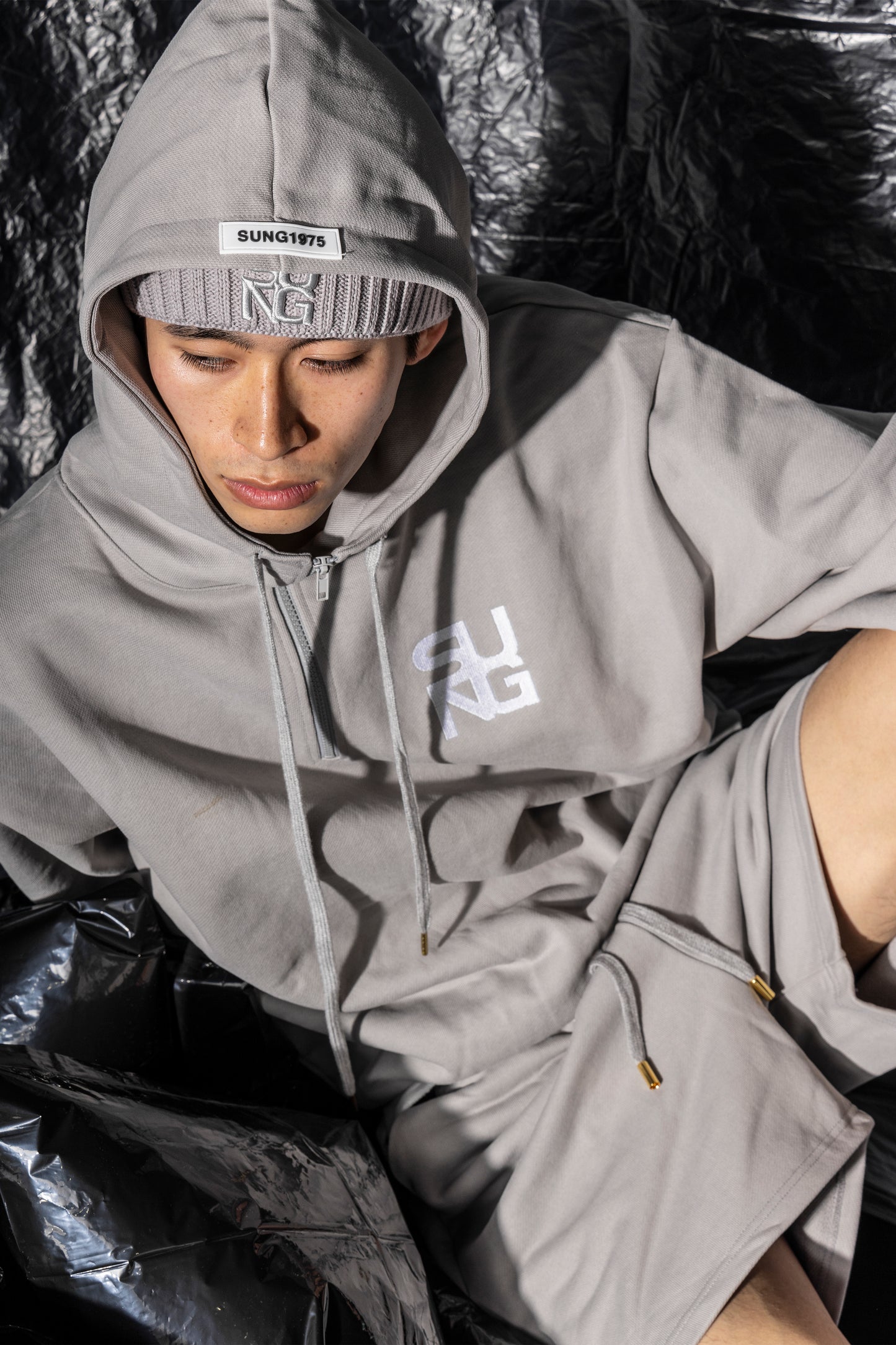 Large rubber logo half zip hoodie