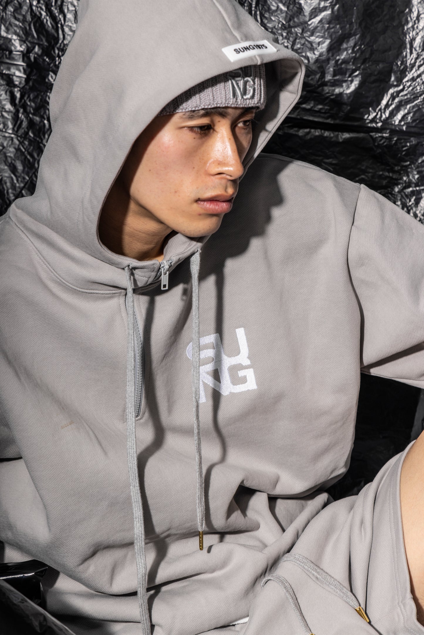 Large rubber logo half zip hoodie