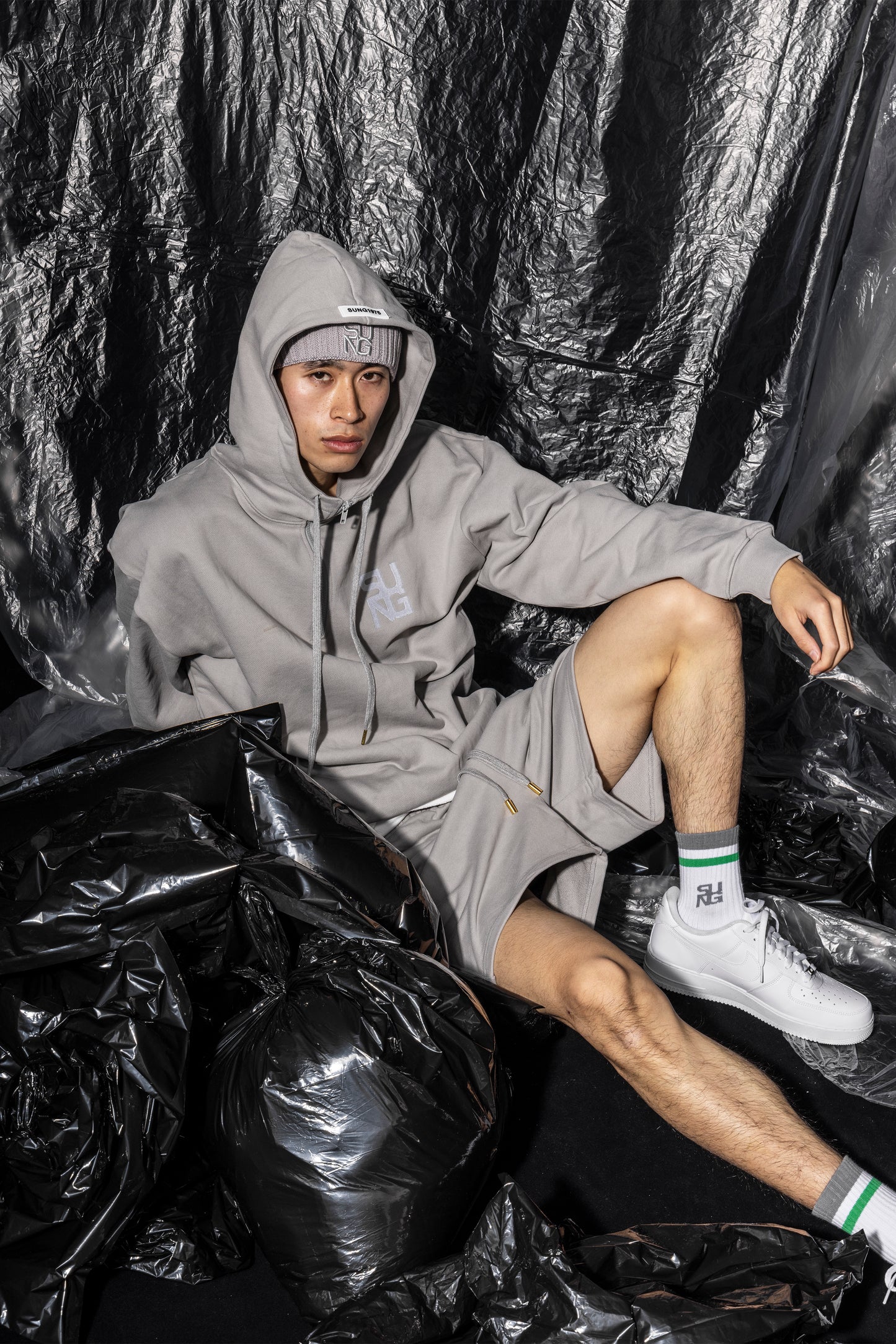 Large rubber logo half zip hoodie