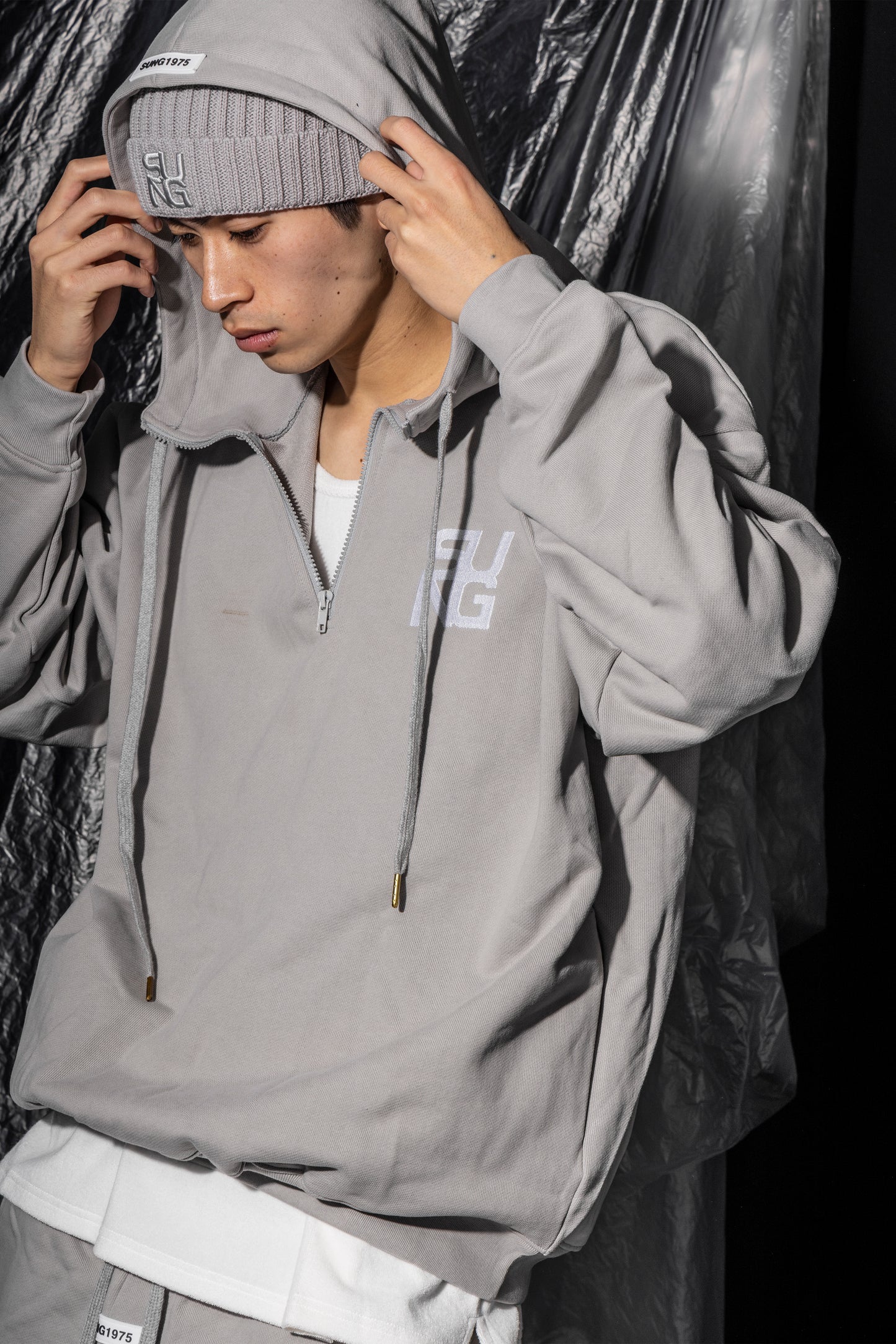 Large rubber logo half zip hoodie