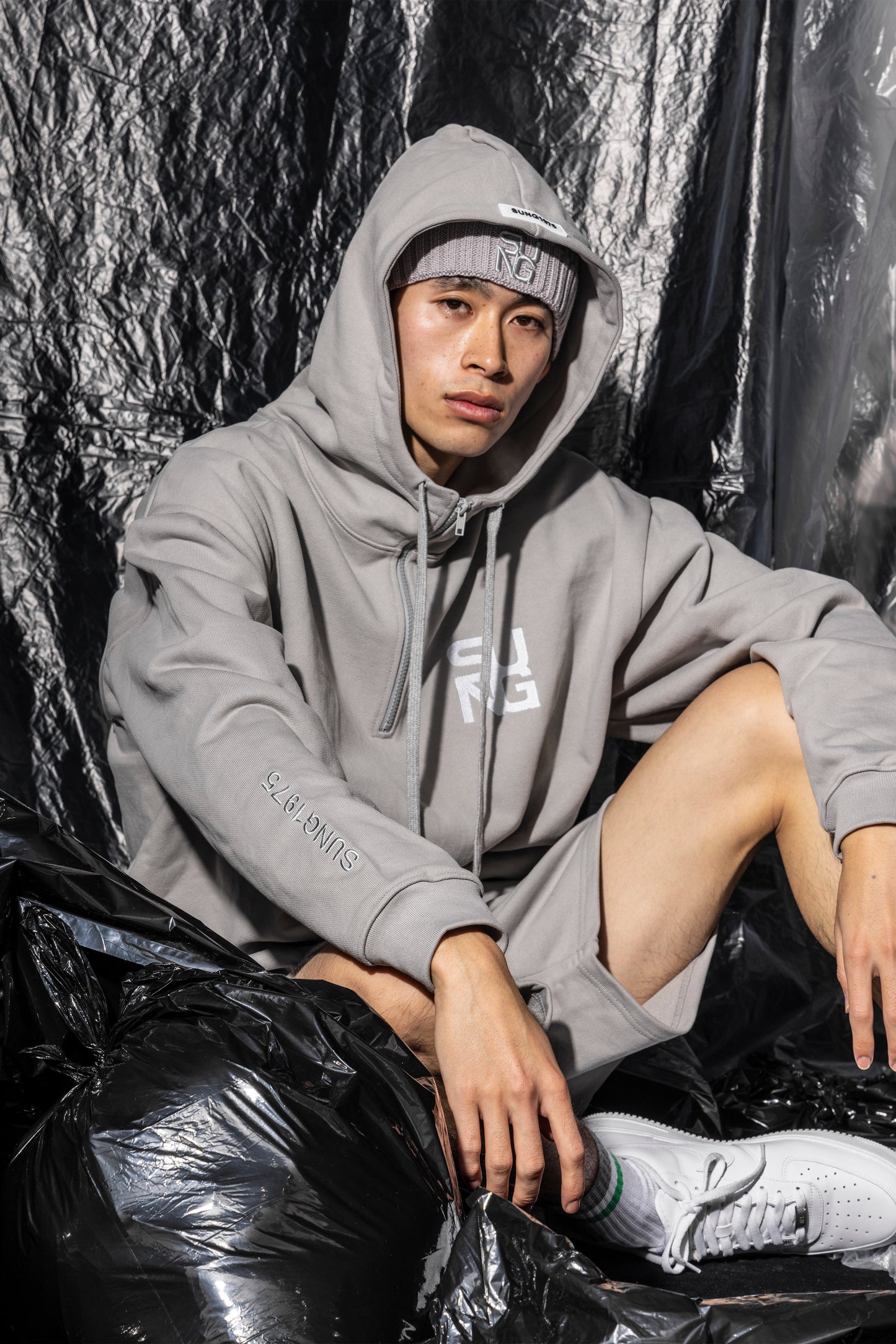 Large rubber logo half zip hoodie
