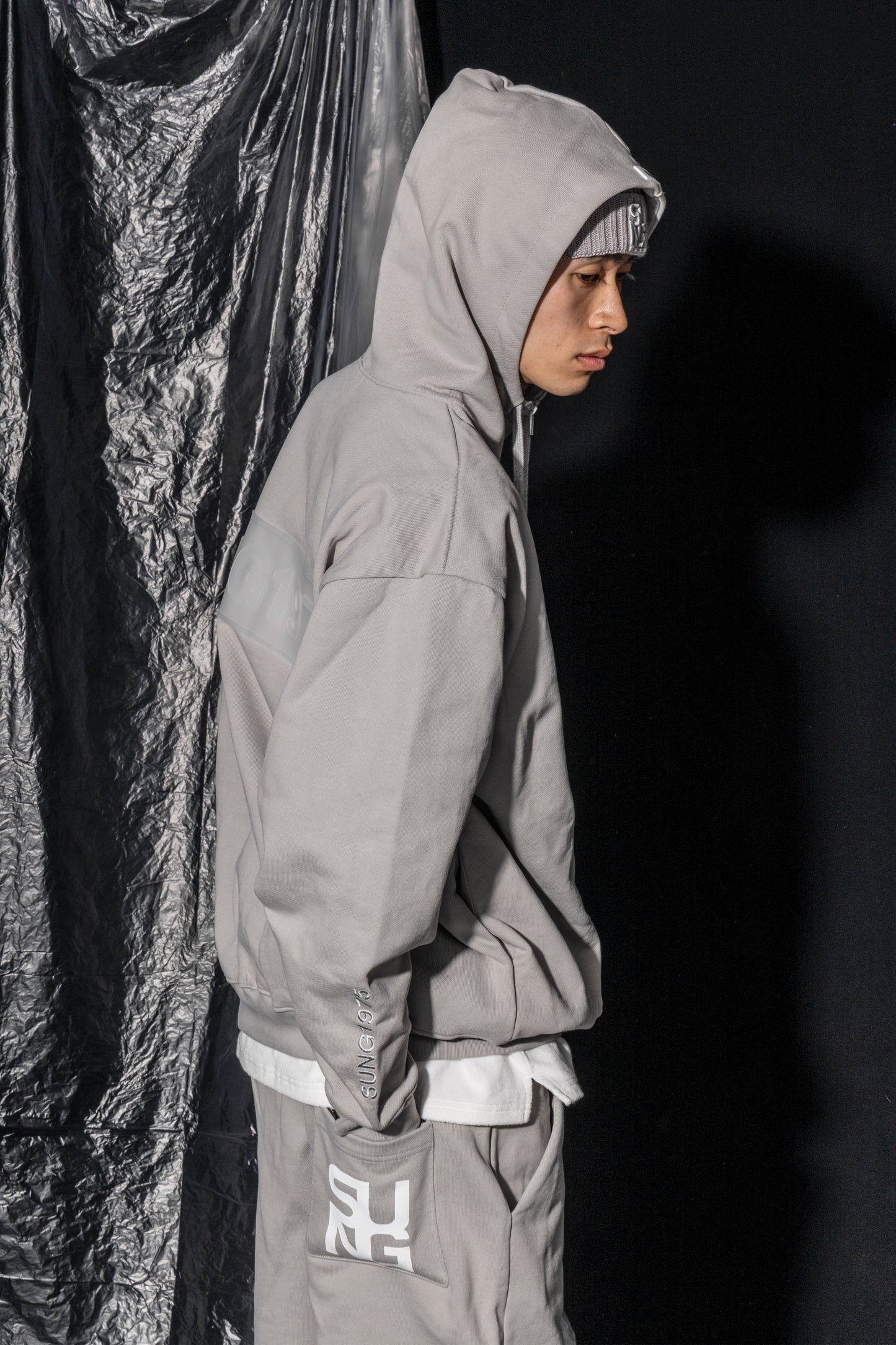 Large rubber logo half zip hoodie