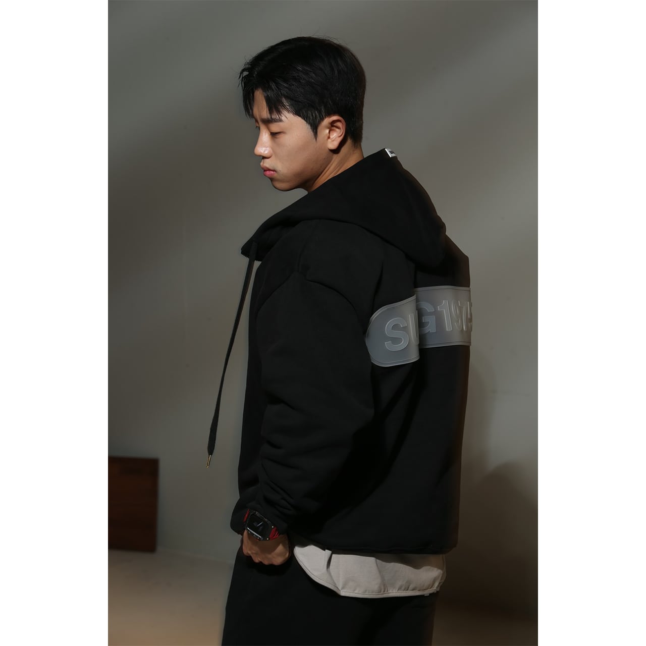 Large rubber logo half zip hoodie