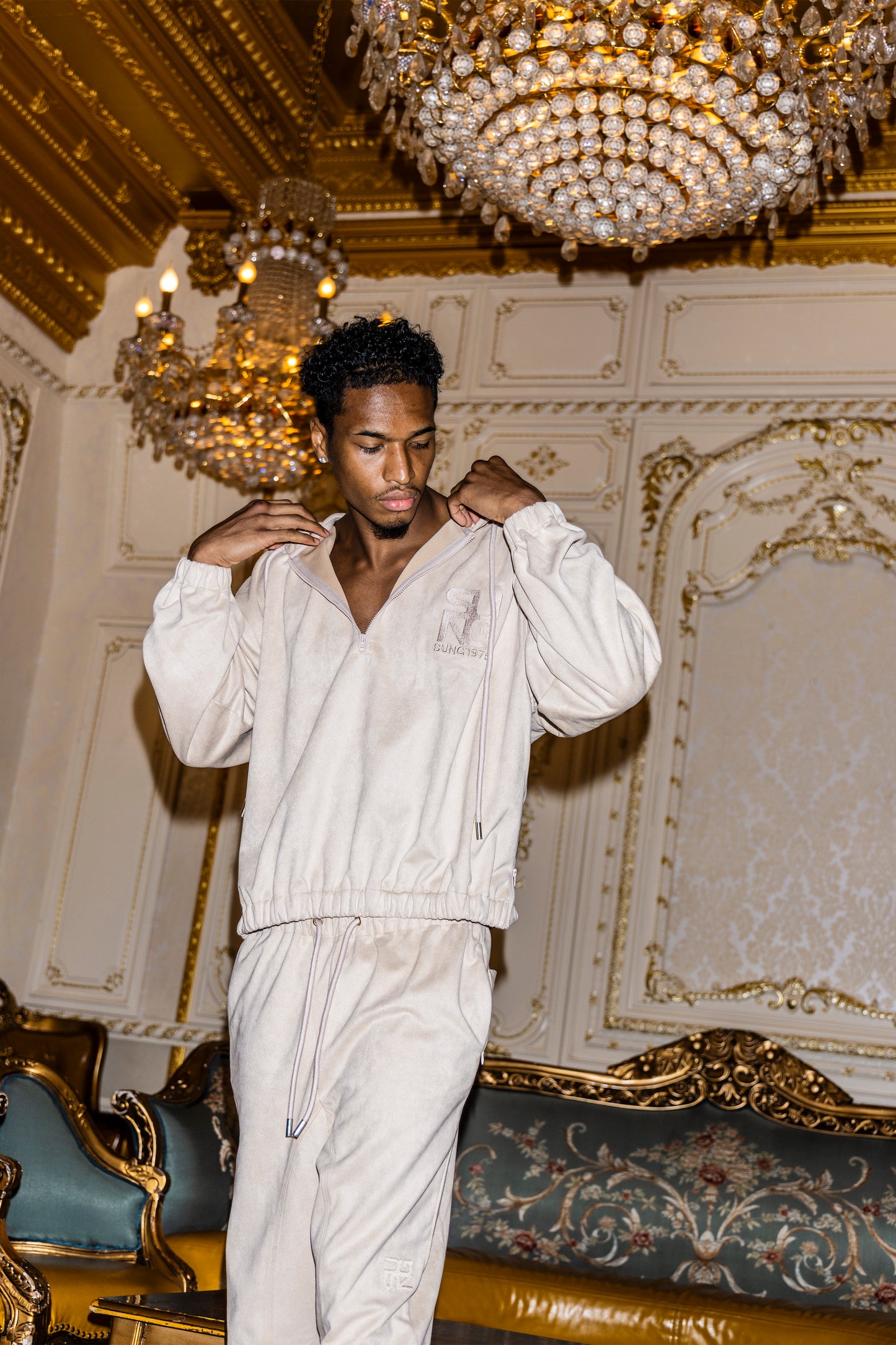 HALF ZIP FAUX SUEDE LIKE HOODIE